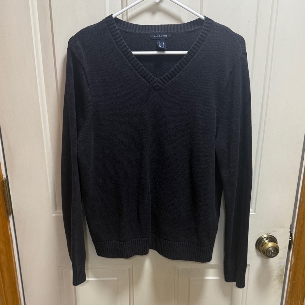 Lands' End Cotton Black V-Neck Unisex Sweater size L